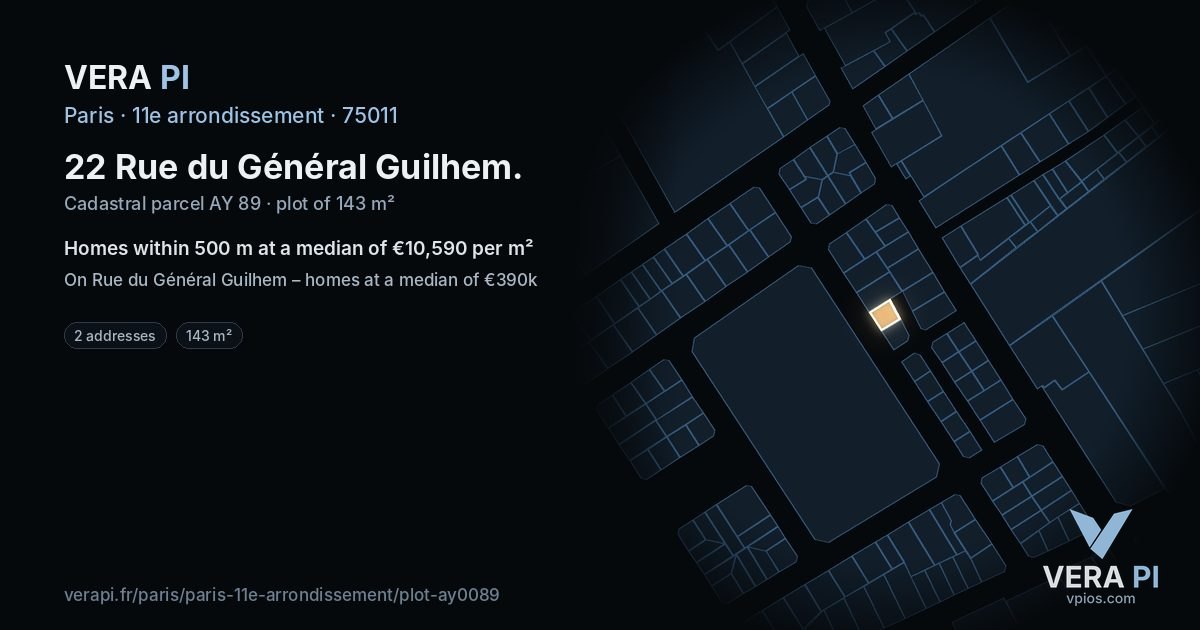 22 Rue du Général Guilhem, 11e arrondissement at night – the plot lit, the parcels around coloured by the prices near them