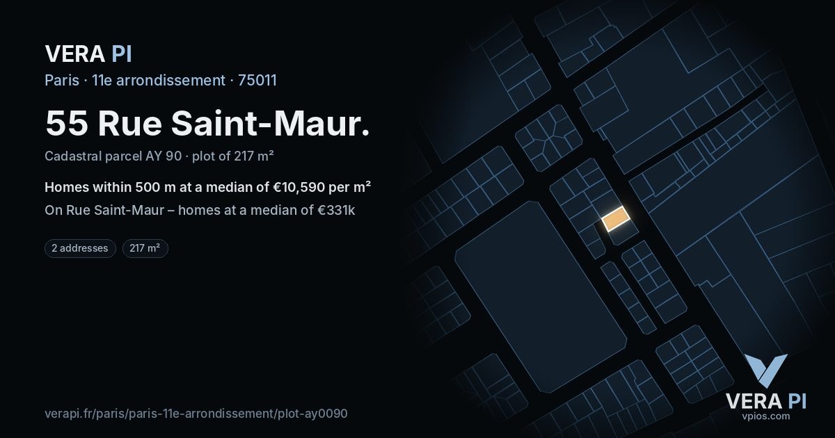 55 Rue Saint-Maur, 11e arrondissement at night – the plot lit, the parcels around coloured by the prices near them