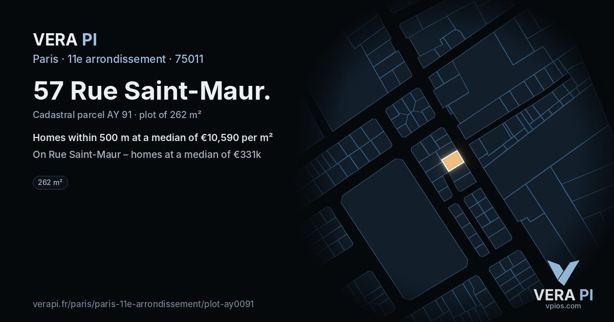57 Rue Saint-Maur, 11e arrondissement at night – the plot lit, the parcels around coloured by the prices near them