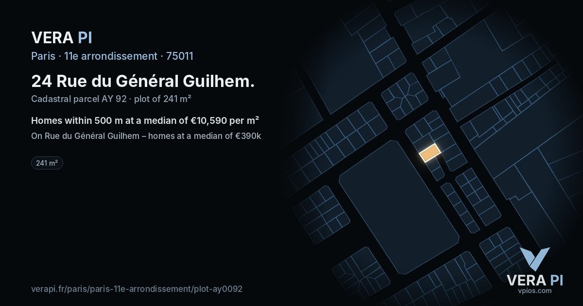 24 Rue du Général Guilhem, 11e arrondissement at night – the plot lit, the parcels around coloured by the prices near them