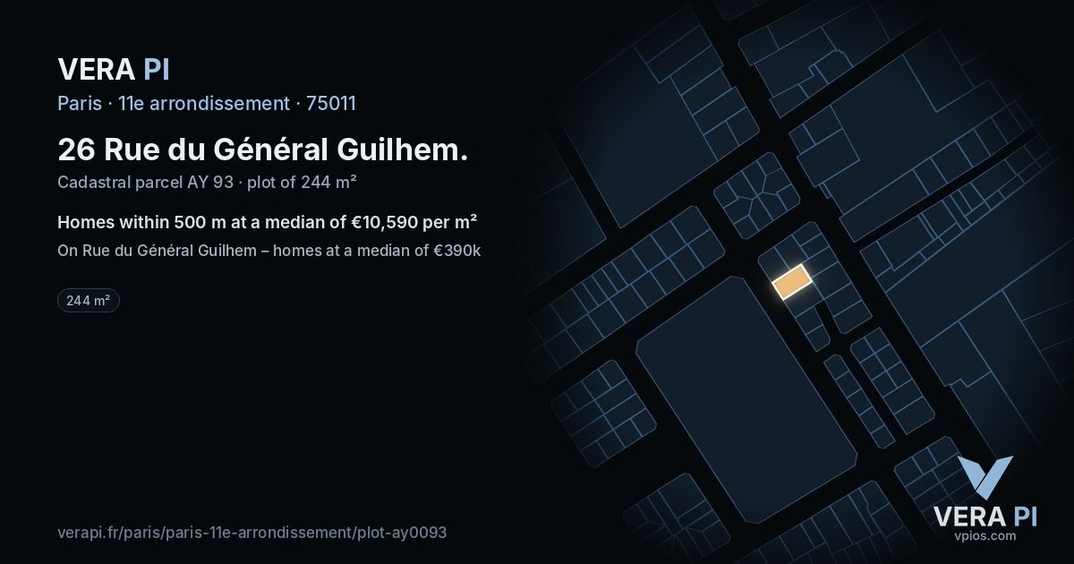 26 Rue du Général Guilhem, 11e arrondissement at night – the plot lit, the parcels around coloured by the prices near them