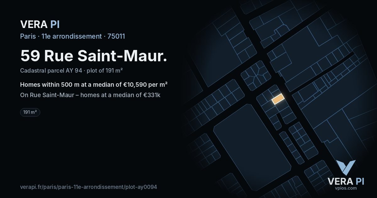 59 Rue Saint-Maur, 11e arrondissement at night – the plot lit, the parcels around coloured by the prices near them