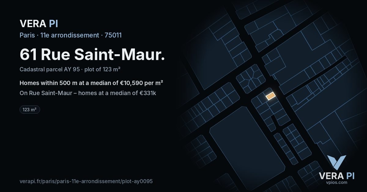 61 Rue Saint-Maur, 11e arrondissement at night – the plot lit, the parcels around coloured by the prices near them