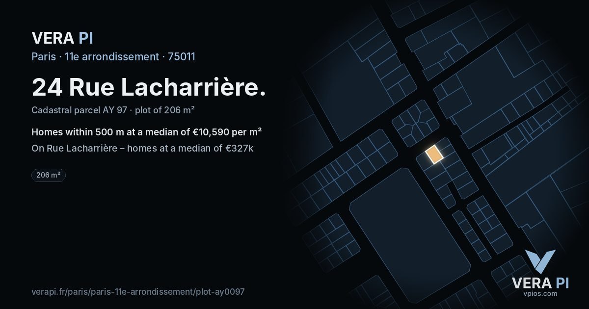 24 Rue Lacharrière, 11e arrondissement at night – the plot lit, the parcels around coloured by the prices near them
