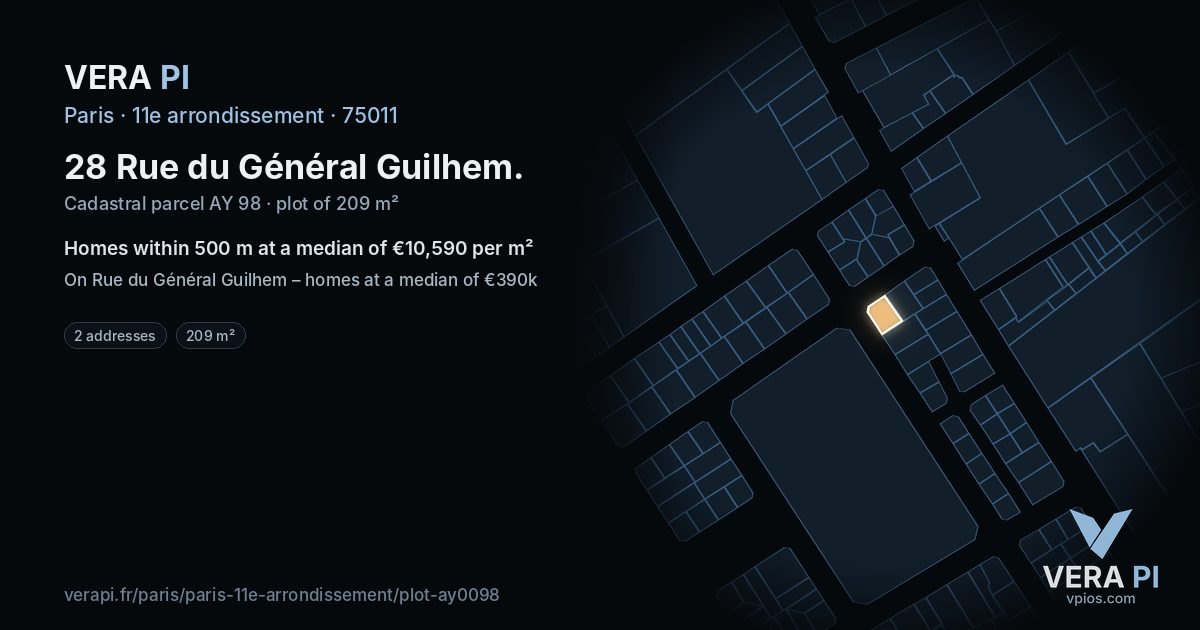 28 Rue du Général Guilhem, 11e arrondissement at night – the plot lit, the parcels around coloured by the prices near them