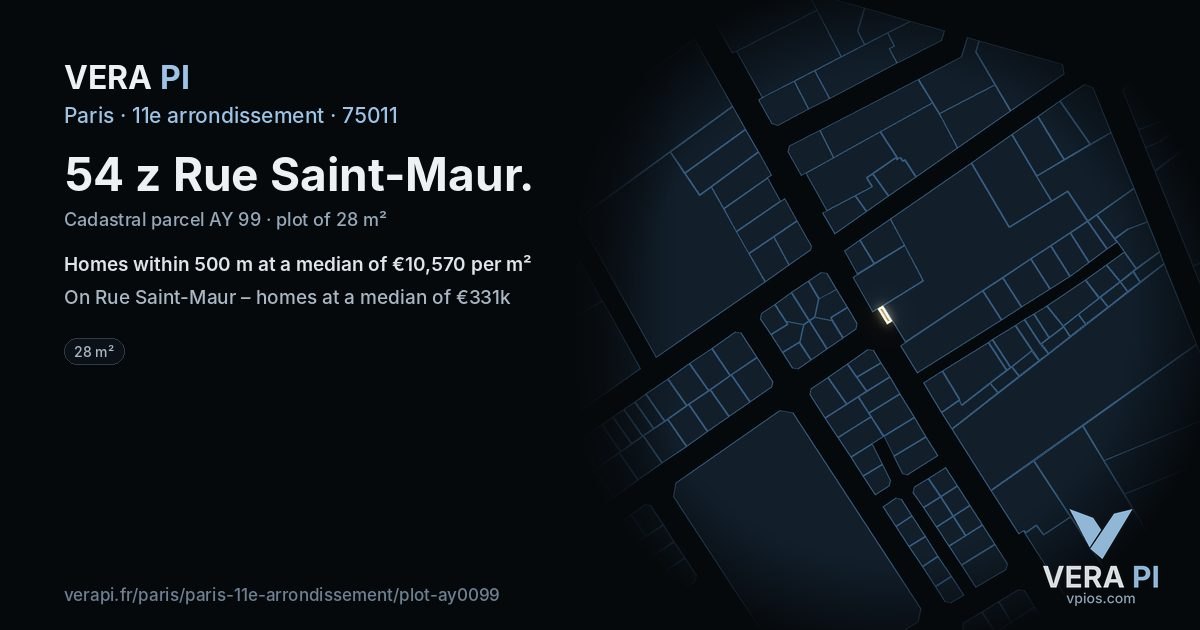 54 z Rue Saint-Maur, 11e arrondissement at night – the plot lit, the parcels around coloured by the prices near them