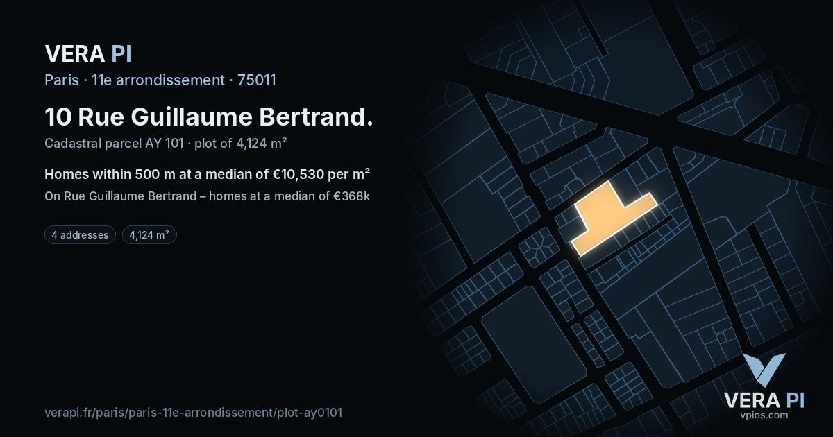 10 Rue Guillaume Bertrand, 11e arrondissement at night – the plot lit, the parcels around coloured by the prices near them