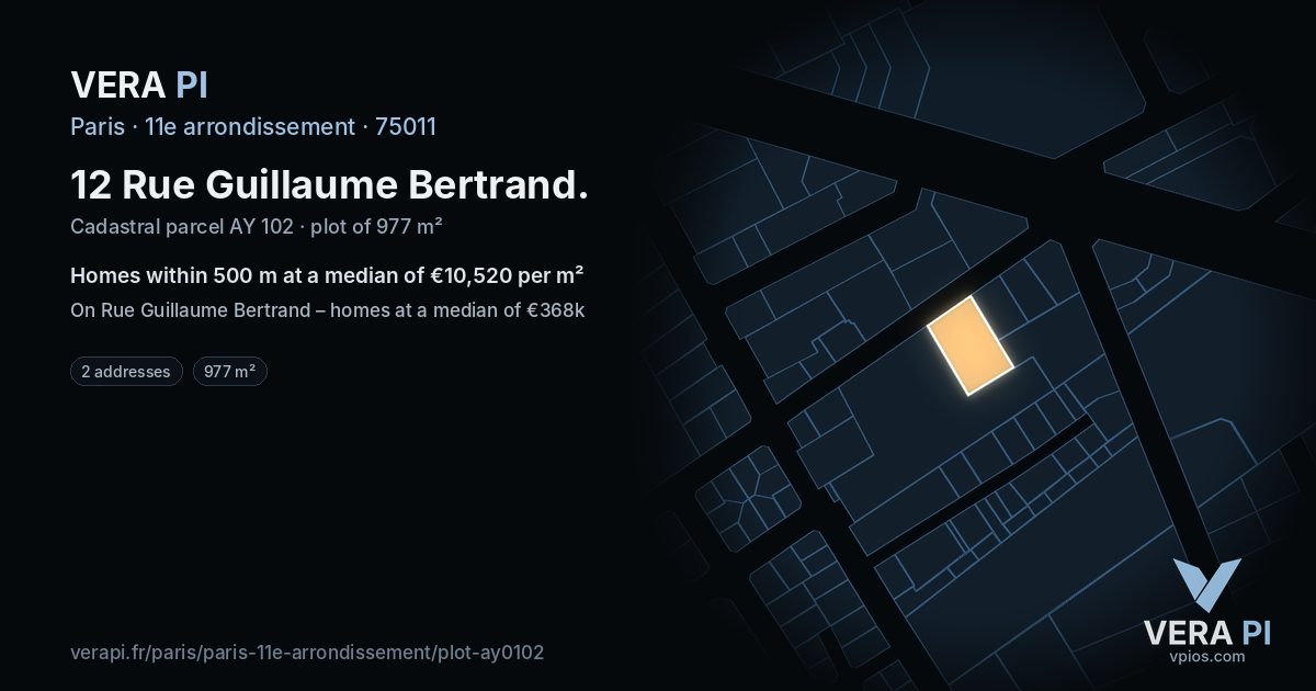 12 Rue Guillaume Bertrand, 11e arrondissement at night – the plot lit, the parcels around coloured by the prices near them