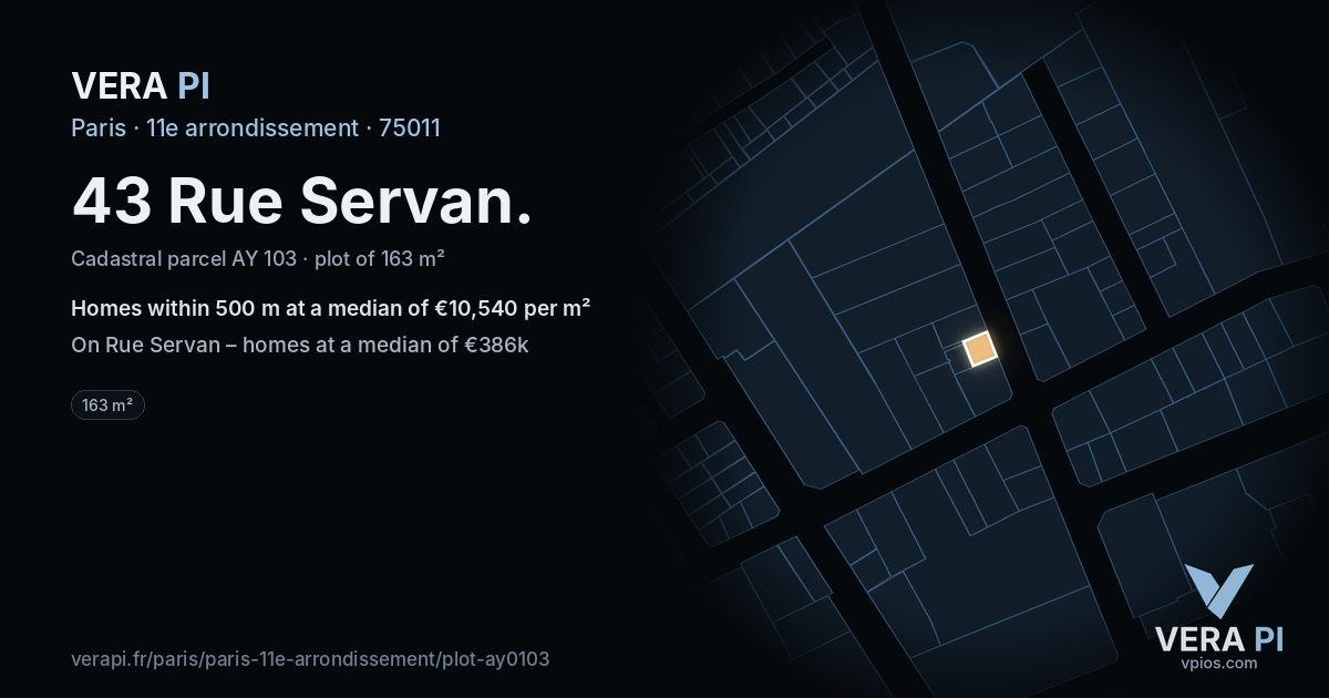 43 Rue Servan, 11e arrondissement at night – the plot lit, the parcels around coloured by the prices near them