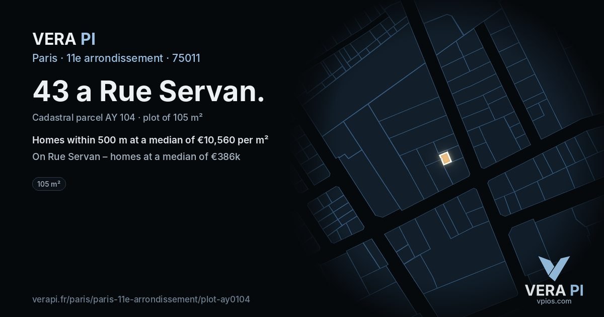 43 a Rue Servan, 11e arrondissement at night – the plot lit, the parcels around coloured by the prices near them