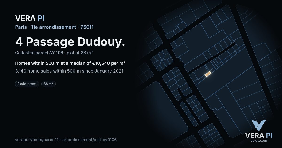 4 Passage Dudouy, 11e arrondissement at night – the plot lit, the parcels around coloured by the prices near them