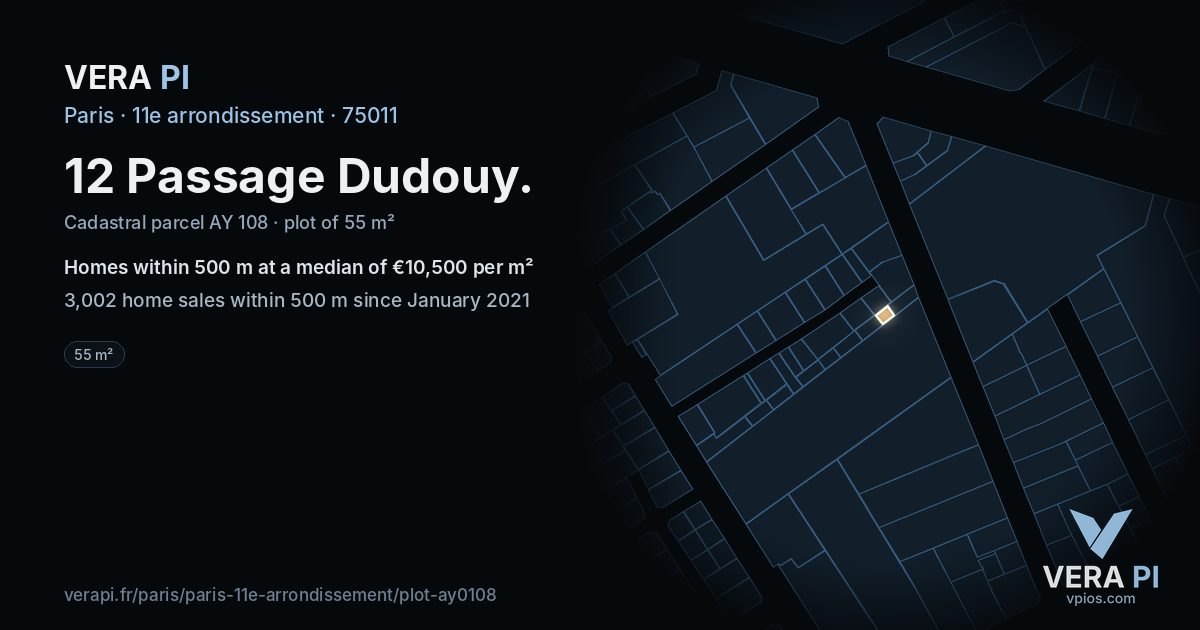 12 Passage Dudouy, 11e arrondissement at night – the plot lit, the parcels around coloured by the prices near them