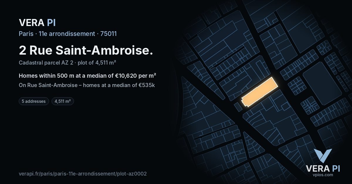 2 Rue Saint-Ambroise, 11e arrondissement at night – the plot lit, the parcels around coloured by the prices near them