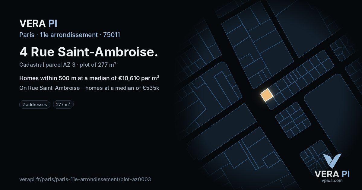 4 Rue Saint-Ambroise, 11e arrondissement at night – the plot lit, the parcels around coloured by the prices near them