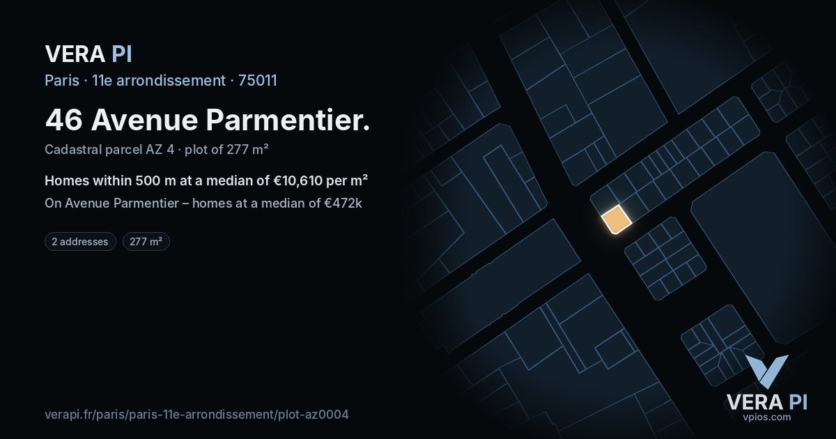 46 Avenue Parmentier, 11e arrondissement at night – the plot lit, the parcels around coloured by the prices near them