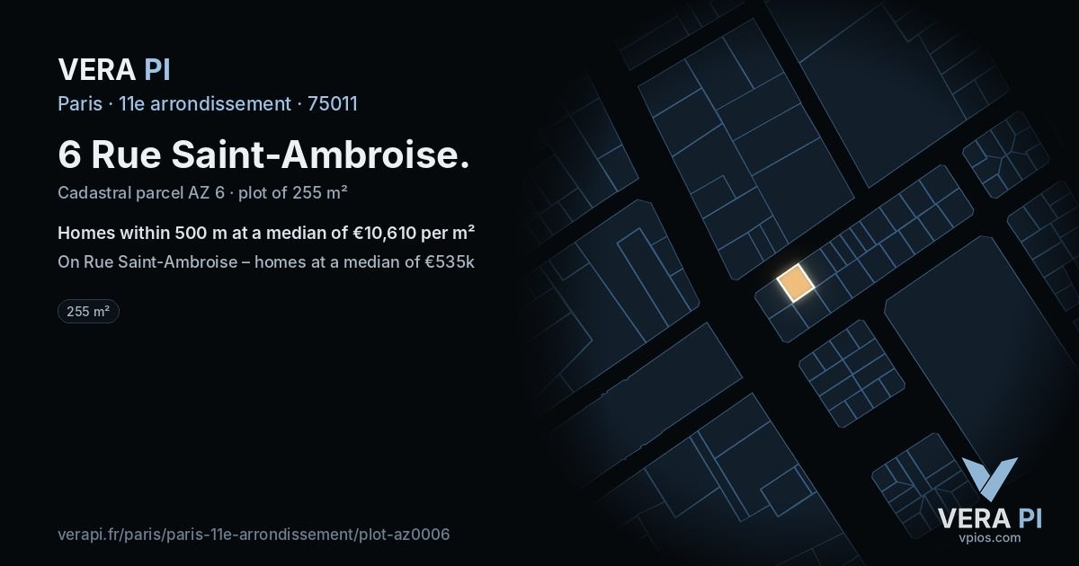 6 Rue Saint-Ambroise, 11e arrondissement at night – the plot lit, the parcels around coloured by the prices near them