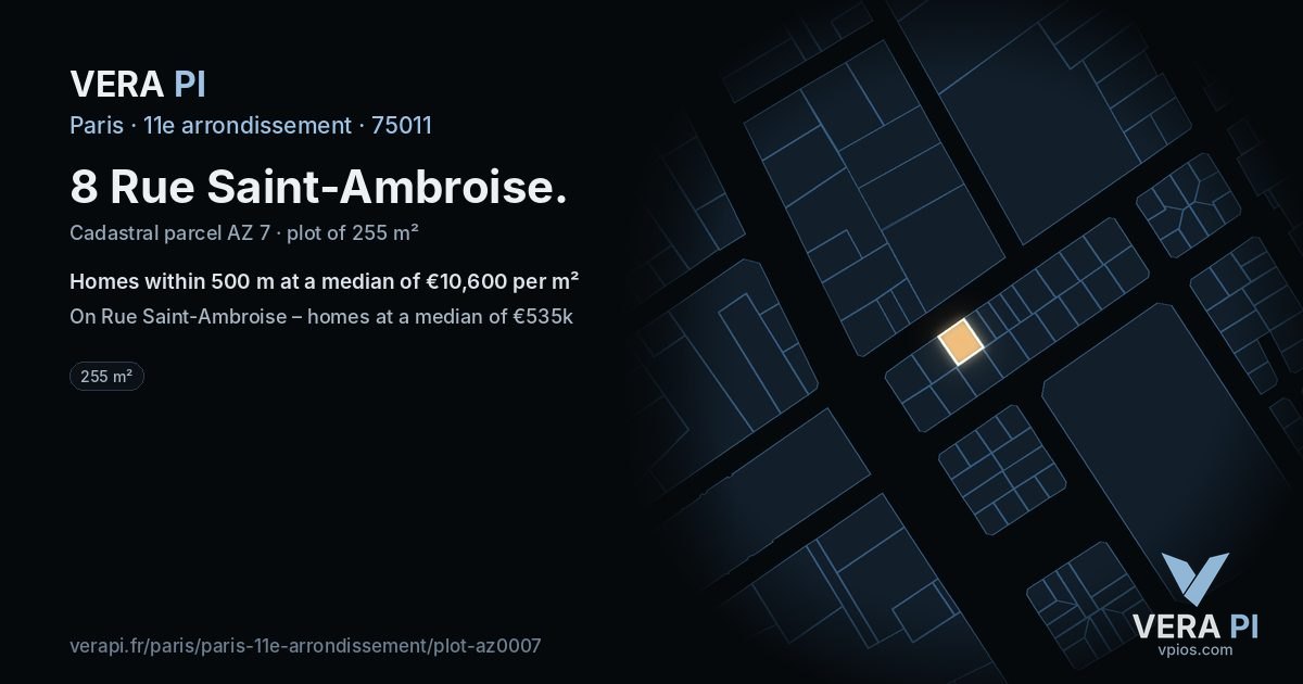 8 Rue Saint-Ambroise, 11e arrondissement at night – the plot lit, the parcels around coloured by the prices near them