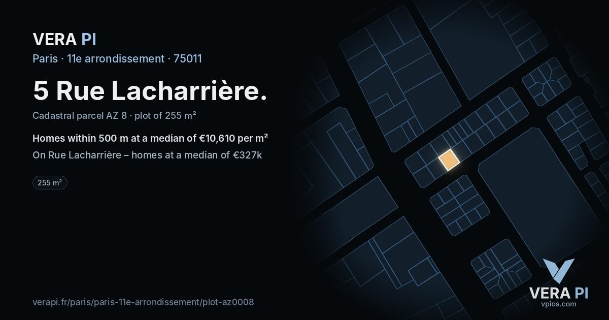 5 Rue Lacharrière, 11e arrondissement at night – the plot lit, the parcels around coloured by the prices near them