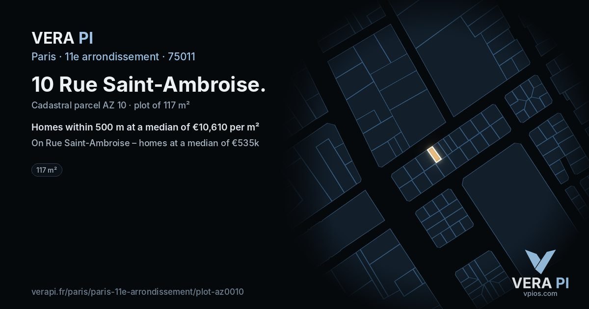 10 Rue Saint-Ambroise, 11e arrondissement at night – the plot lit, the parcels around coloured by the prices near them