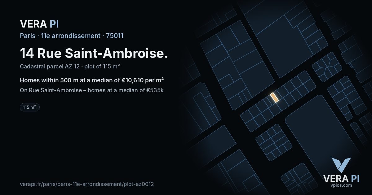 14 Rue Saint-Ambroise, 11e arrondissement at night – the plot lit, the parcels around coloured by the prices near them