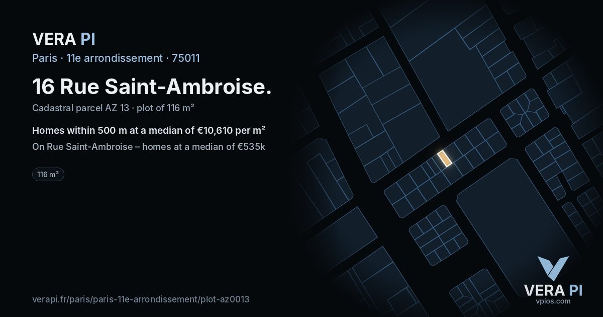 16 Rue Saint-Ambroise, 11e arrondissement at night – the plot lit, the parcels around coloured by the prices near them