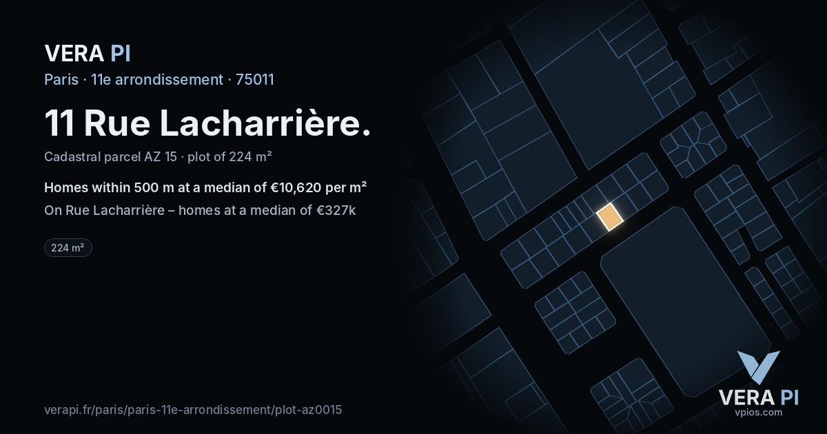11 Rue Lacharrière, 11e arrondissement at night – the plot lit, the parcels around coloured by the prices near them