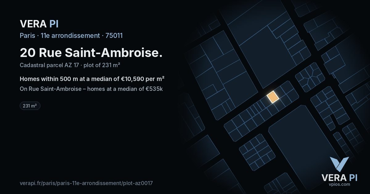 20 Rue Saint-Ambroise, 11e arrondissement at night – the plot lit, the parcels around coloured by the prices near them