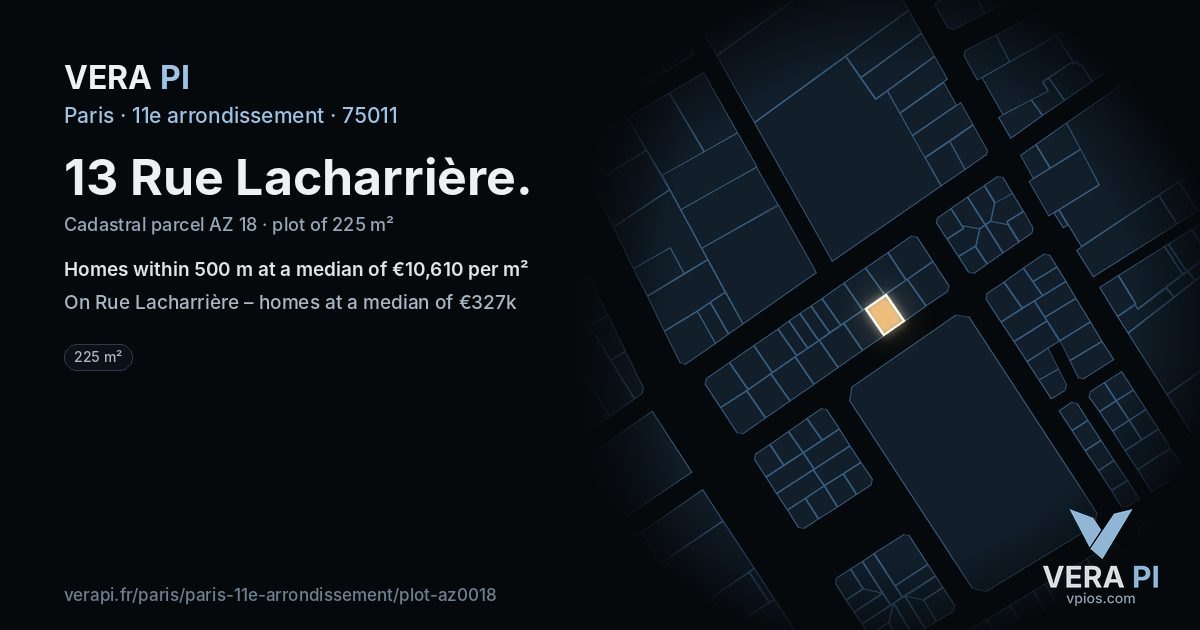 13 Rue Lacharrière, 11e arrondissement at night – the plot lit, the parcels around coloured by the prices near them