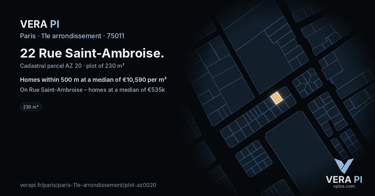22 Rue Saint-Ambroise, 11e arrondissement at night – the plot lit, the parcels around coloured by the prices near them