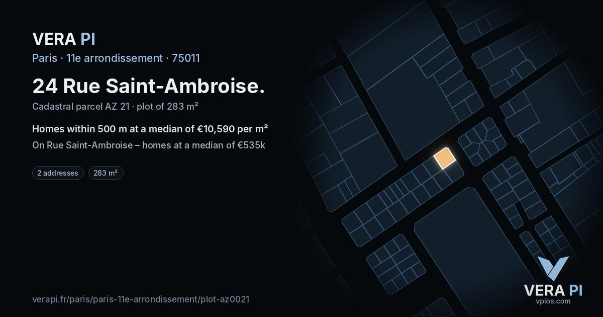 24 Rue Saint-Ambroise, 11e arrondissement at night – the plot lit, the parcels around coloured by the prices near them