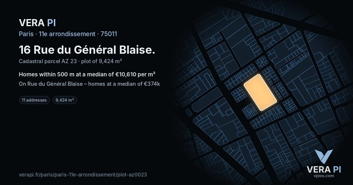 16 Rue du Général Blaise, 11e arrondissement at night – the plot lit, the parcels around coloured by the prices near them