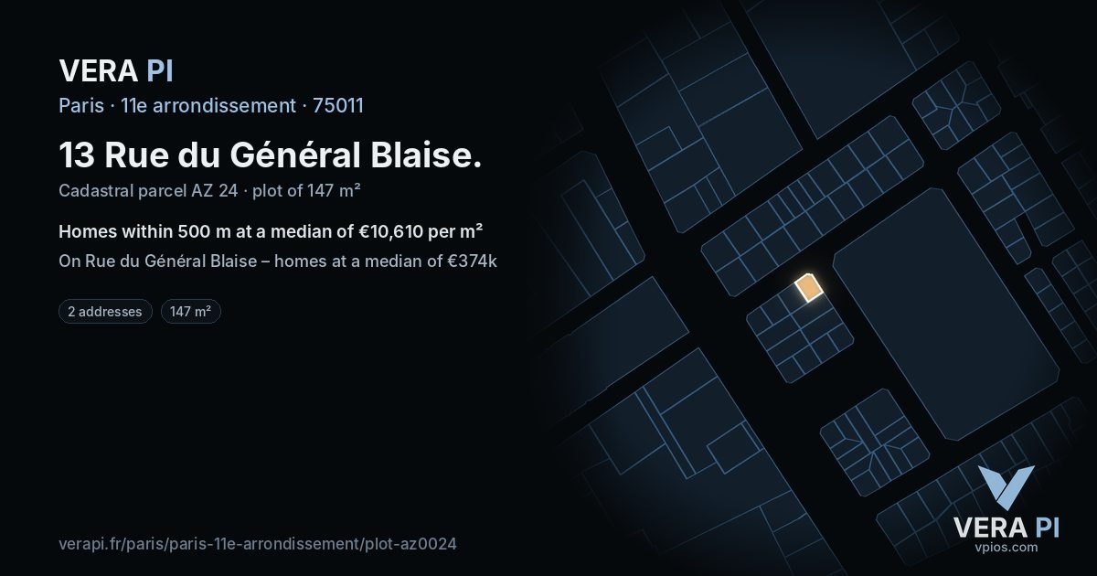 13 Rue du Général Blaise, 11e arrondissement at night – the plot lit, the parcels around coloured by the prices near them
