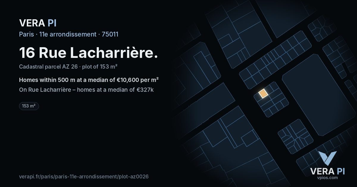 16 Rue Lacharrière, 11e arrondissement at night – the plot lit, the parcels around coloured by the prices near them