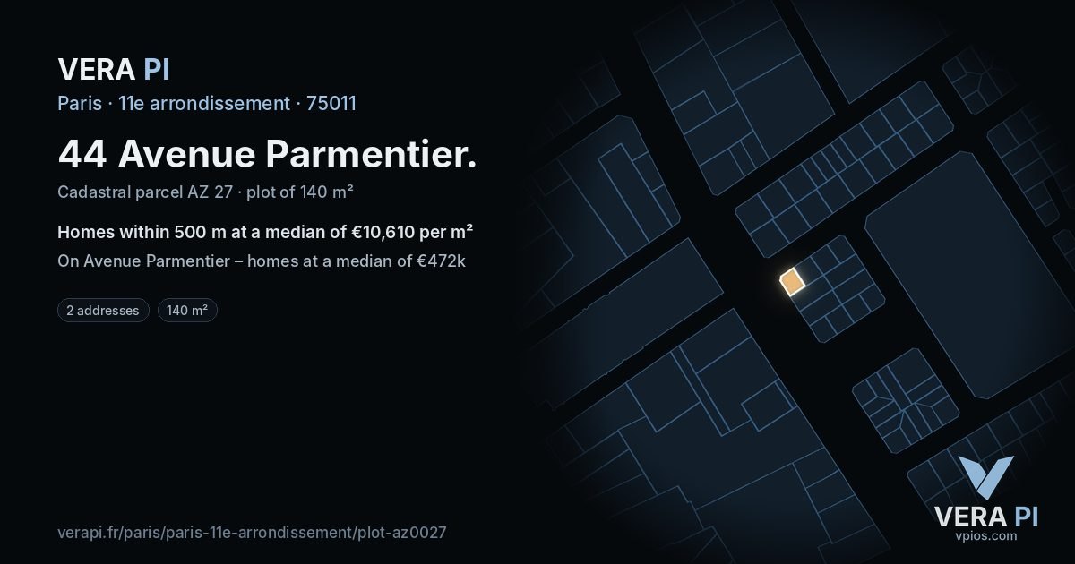 44 Avenue Parmentier, 11e arrondissement at night – the plot lit, the parcels around coloured by the prices near them