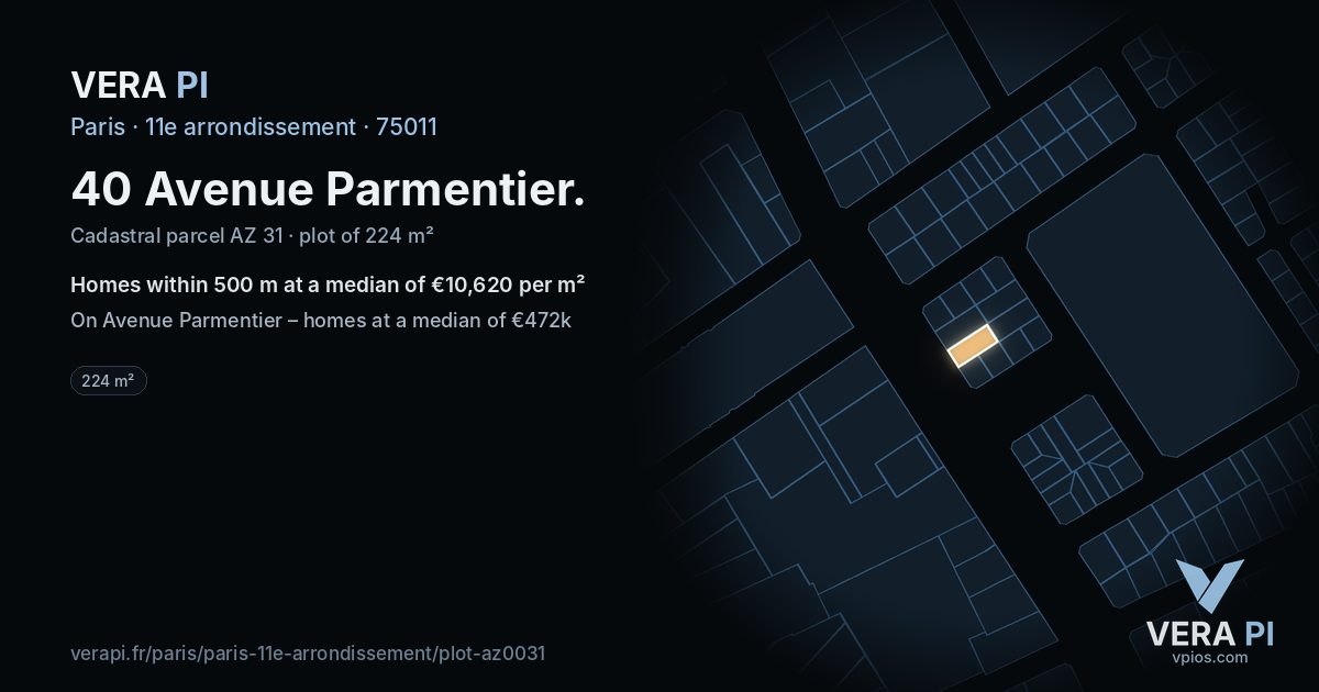 40 Avenue Parmentier, 11e arrondissement at night – the plot lit, the parcels around coloured by the prices near them