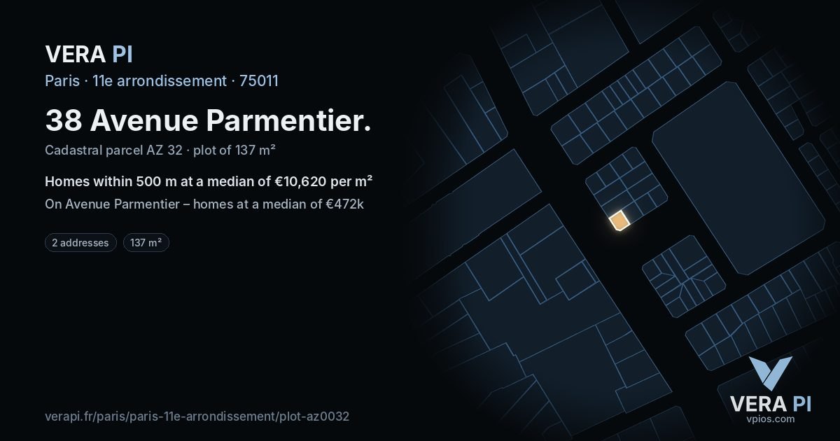 38 Avenue Parmentier, 11e arrondissement at night – the plot lit, the parcels around coloured by the prices near them