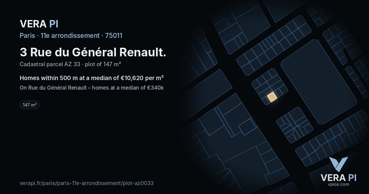 3 Rue du Général Renault, 11e arrondissement at night – the plot lit, the parcels around coloured by the prices near them