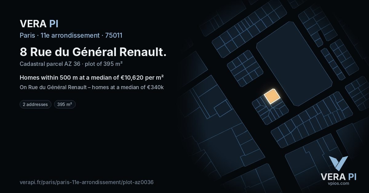 8 Rue du Général Renault, 11e arrondissement at night – the plot lit, the parcels around coloured by the prices near them