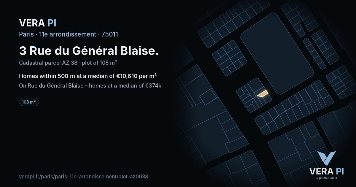 3 Rue du Général Blaise, 11e arrondissement at night – the plot lit, the parcels around coloured by the prices near them
