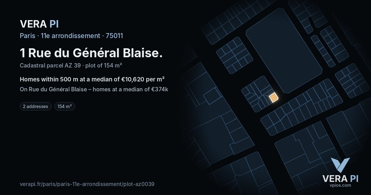 1 Rue du Général Blaise, 11e arrondissement at night – the plot lit, the parcels around coloured by the prices near them