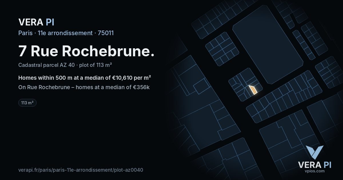 7 Rue Rochebrune, 11e arrondissement at night – the plot lit, the parcels around coloured by the prices near them