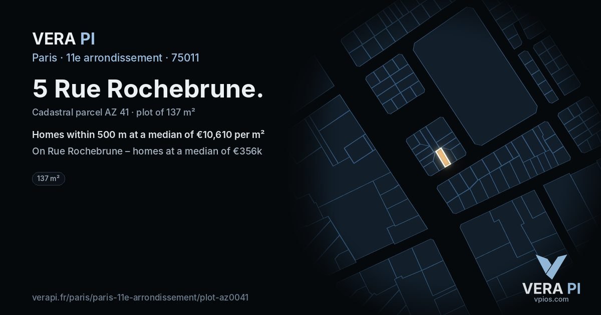 5 Rue Rochebrune, 11e arrondissement at night – the plot lit, the parcels around coloured by the prices near them