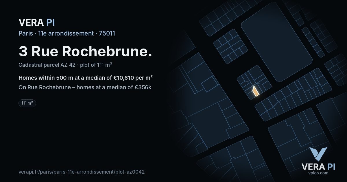 3 Rue Rochebrune, 11e arrondissement at night – the plot lit, the parcels around coloured by the prices near them