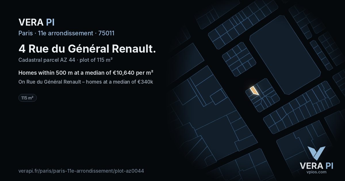 4 Rue du Général Renault, 11e arrondissement at night – the plot lit, the parcels around coloured by the prices near them