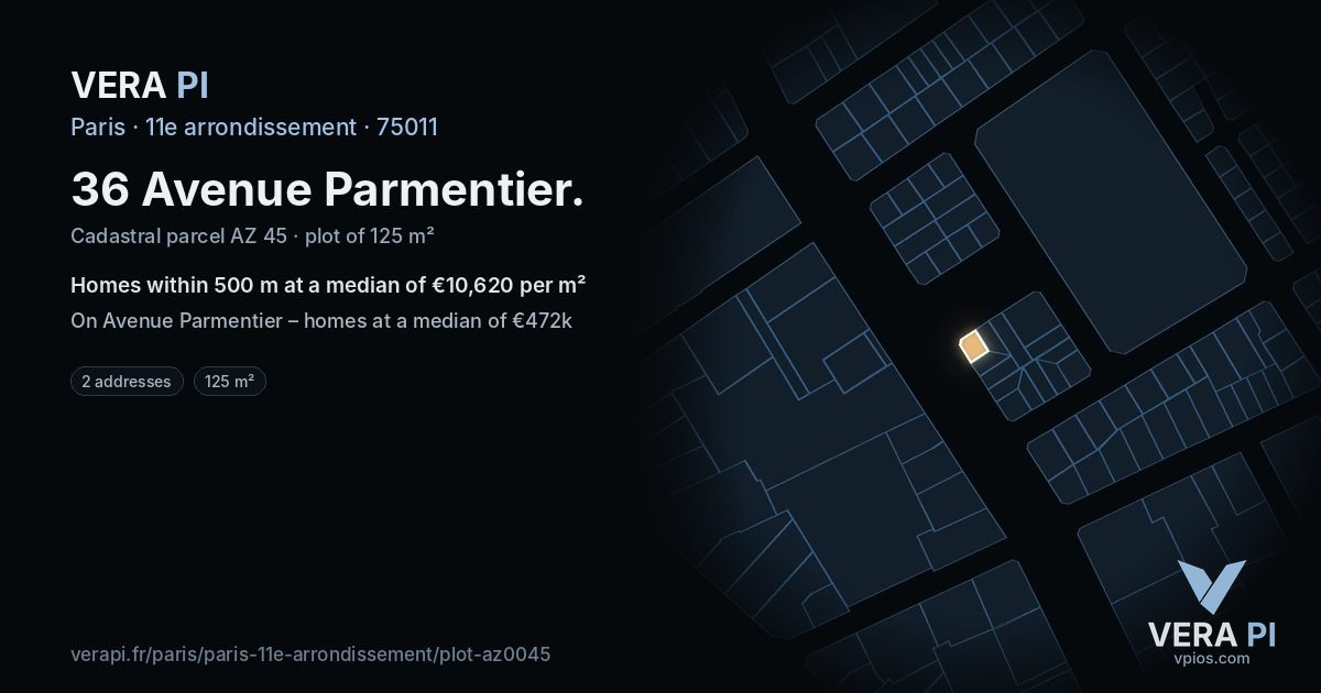 36 Avenue Parmentier, 11e arrondissement at night – the plot lit, the parcels around coloured by the prices near them
