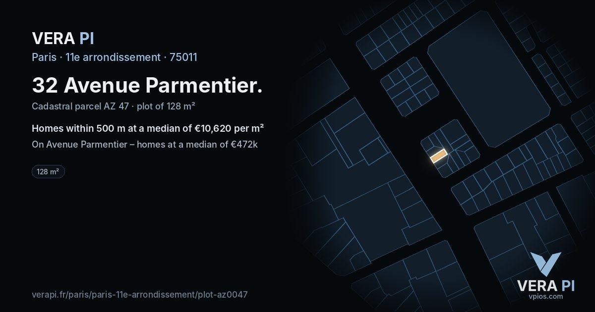 32 Avenue Parmentier, 11e arrondissement at night – the plot lit, the parcels around coloured by the prices near them