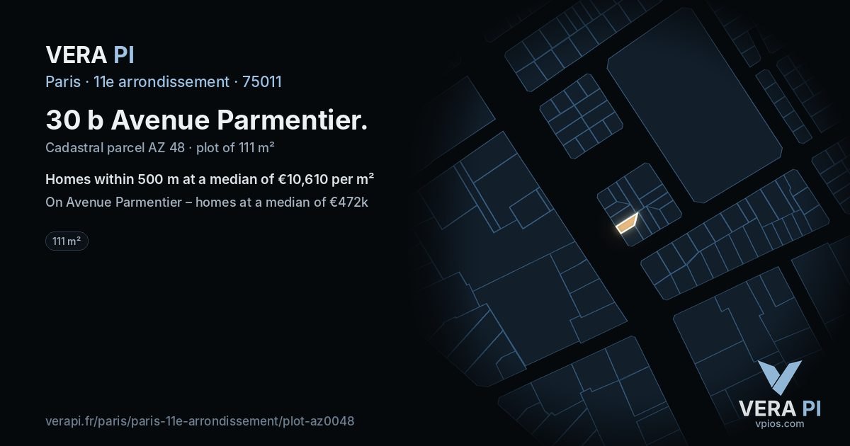 30 b Avenue Parmentier, 11e arrondissement at night – the plot lit, the parcels around coloured by the prices near them