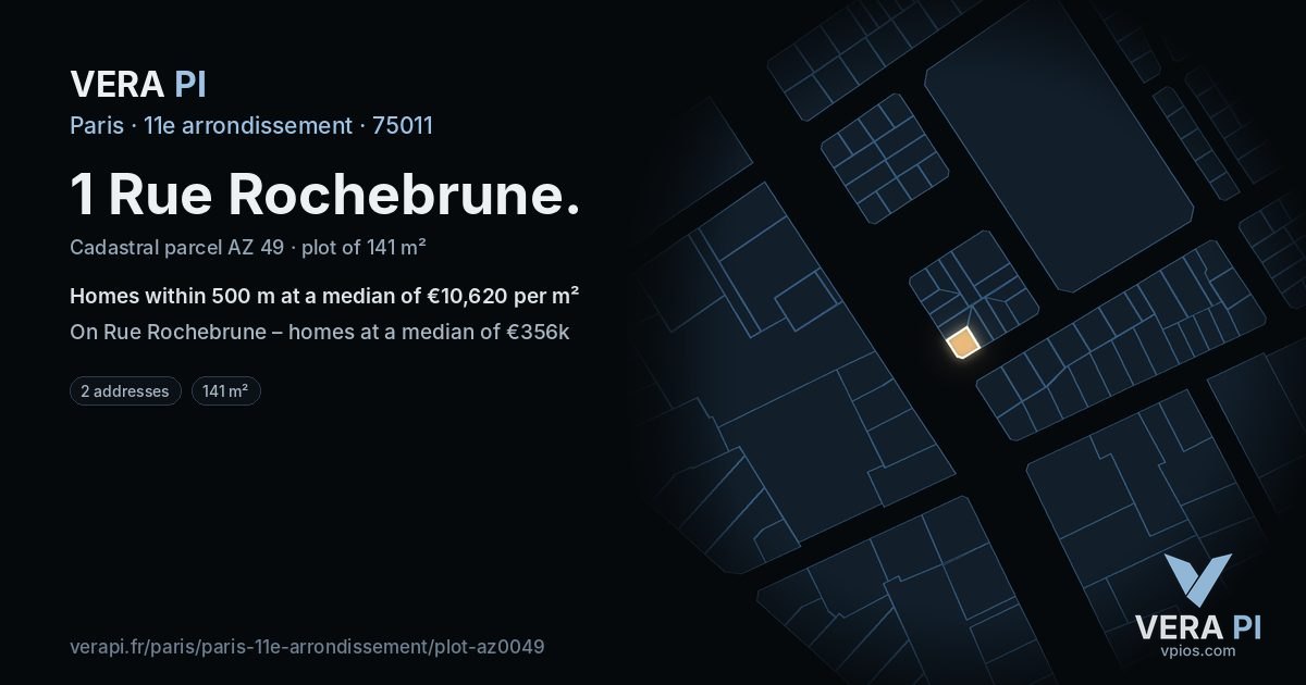 1 Rue Rochebrune, 11e arrondissement at night – the plot lit, the parcels around coloured by the prices near them