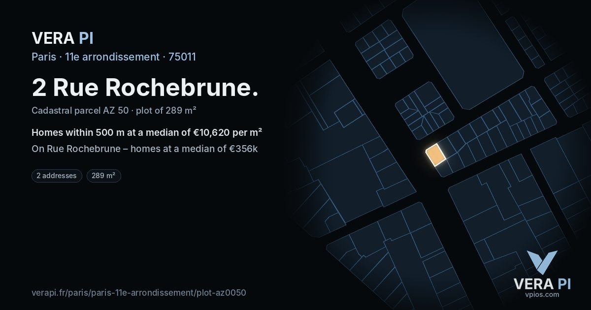 2 Rue Rochebrune, 11e arrondissement at night – the plot lit, the parcels around coloured by the prices near them