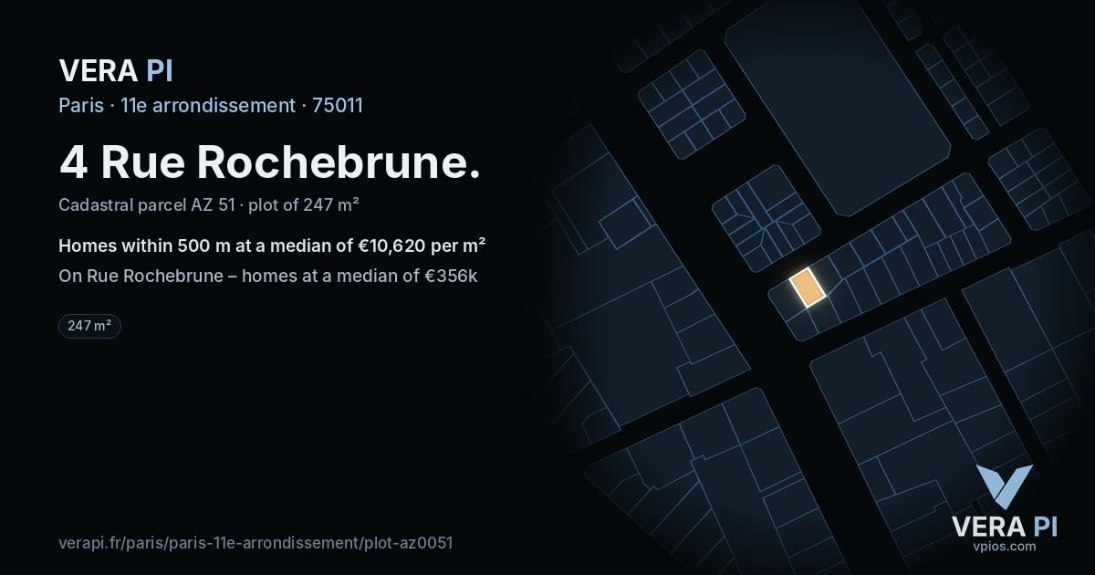 4 Rue Rochebrune, 11e arrondissement at night – the plot lit, the parcels around coloured by the prices near them